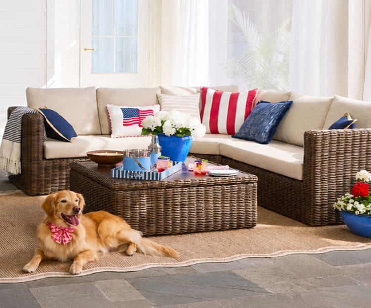 Image of a outdor patio bursting with red, white and blue.