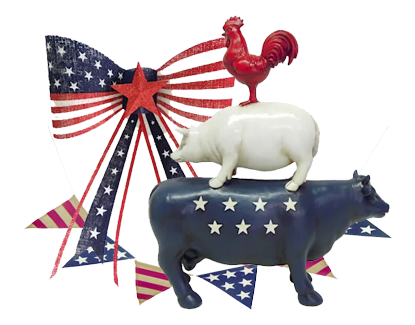 Picture of patriotic cow, pig, rooster, bow and flags