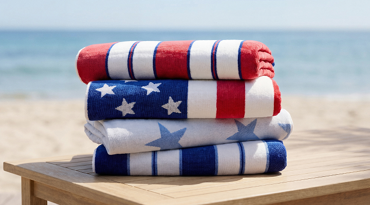 Stack of patriotic beach towels on an outdoor table