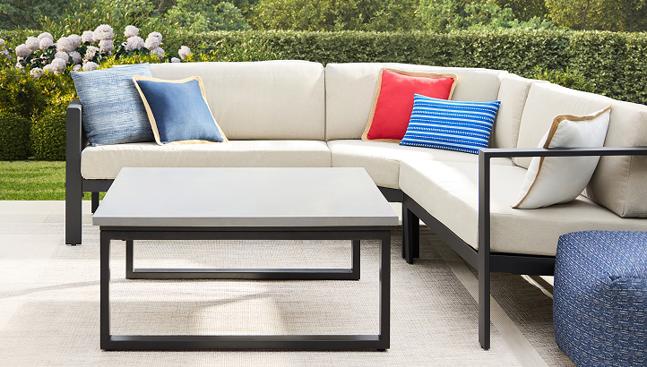 Outdoor patio sectional with colorful pillows