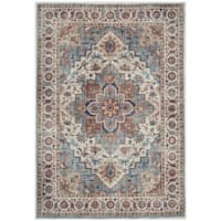 (D448) Chenille Printed Vintage Look Blue Medallion Rug, 5x7