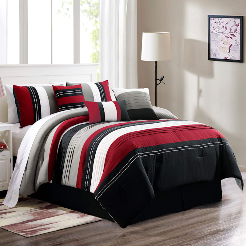 Red/Black Embroidered Pintuck Premium 7 Piece Comforter Set Queen 