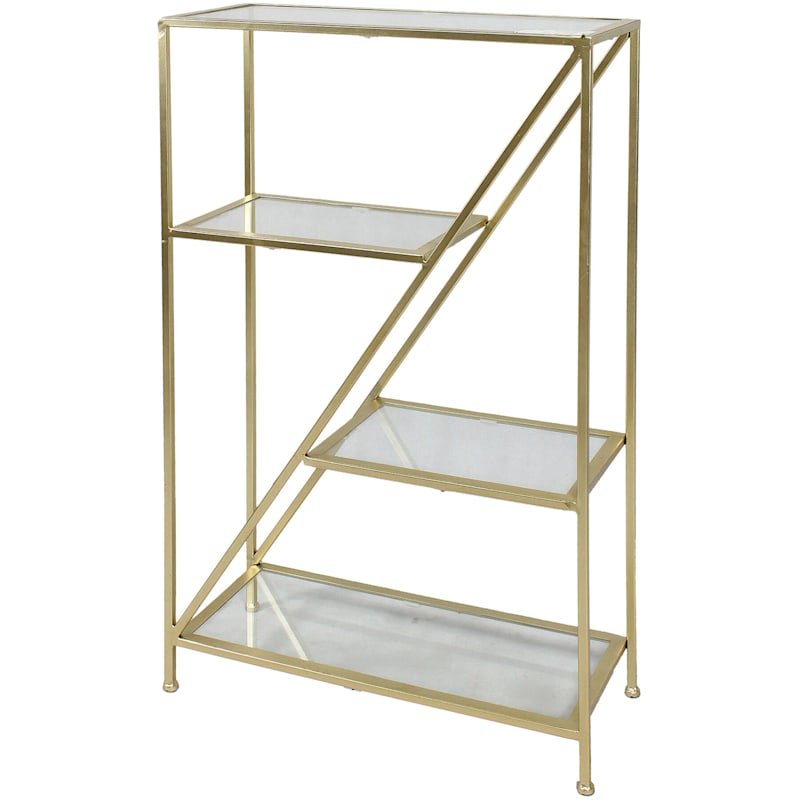 Asymmetrical Glass Shelf Bookshelf With Gold Metal Frame At Home Being the guy i am, i couldn't make her just any old bookshelf. asymmetrical glass shelf bookshelf with