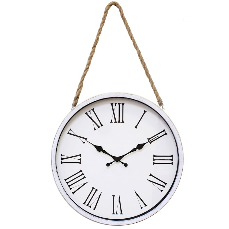 16in. Distressed White Round Hanging Wall Clock With Rope At Home