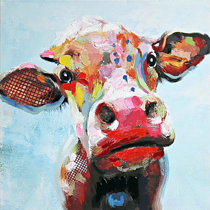 35X35 Colorful Cow Embellished Canvas Art At Home