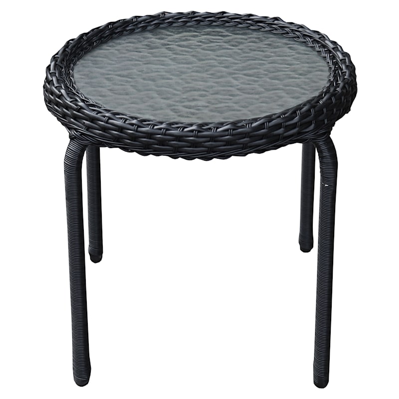 Outdoor Wicker Tempered Glass Top End Table, Black At Home