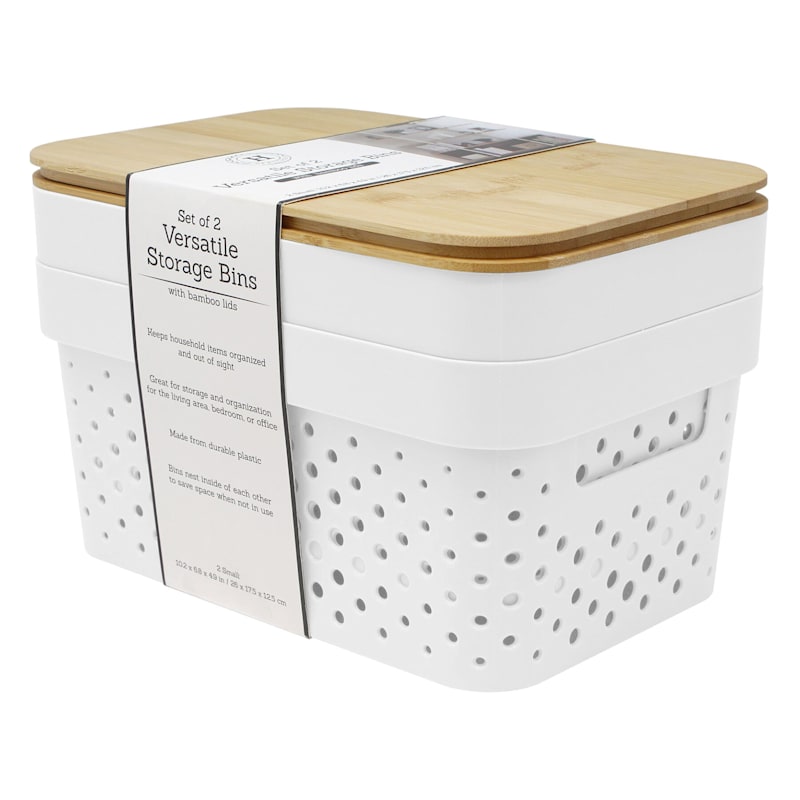 2 Piece Small Bin W Bamboo Lid White At Home White natural seagrass laundry basket 140070b. 2 piece small bin w bamboo lid white
