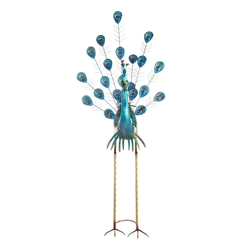 Peacock with Acrylic Jeweled Tail Outdoor Garden Statue, 38.5"