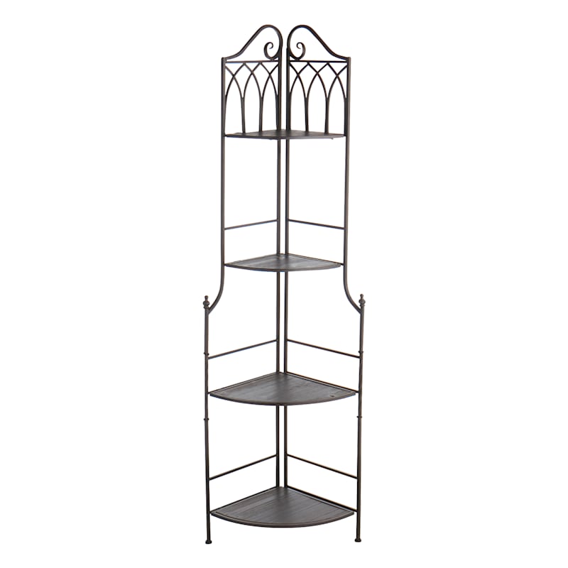 Metal Corner Rack with Brown Decorative Arch & Folding Wood-Top Shelves, 63"