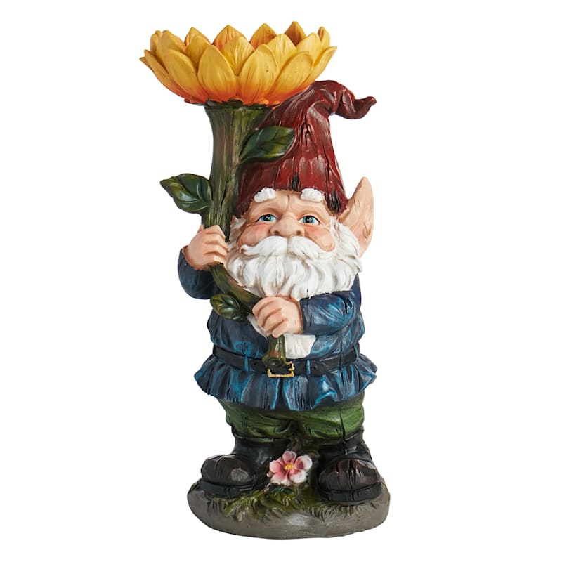 Gnome Holding Sunflower Outdoor Garden Statue, 19"