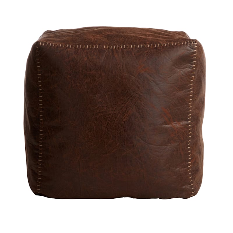 Honeybloom Faux Leather Brown Pouf with Baseball Stitch