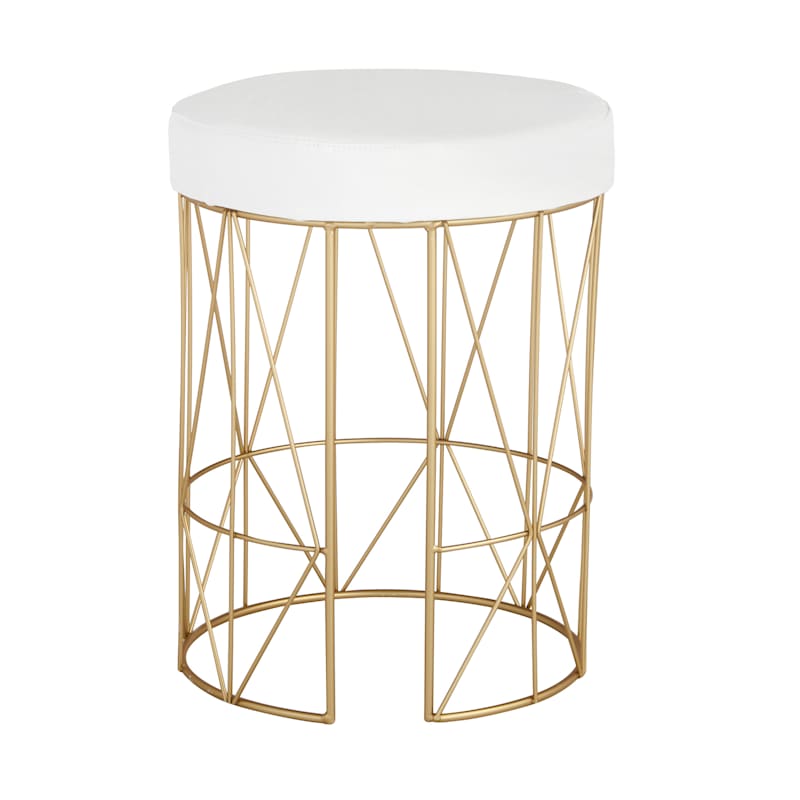 Keira Glazed Gold Wire Vanity Stool & Padded White Faux Leather Seat