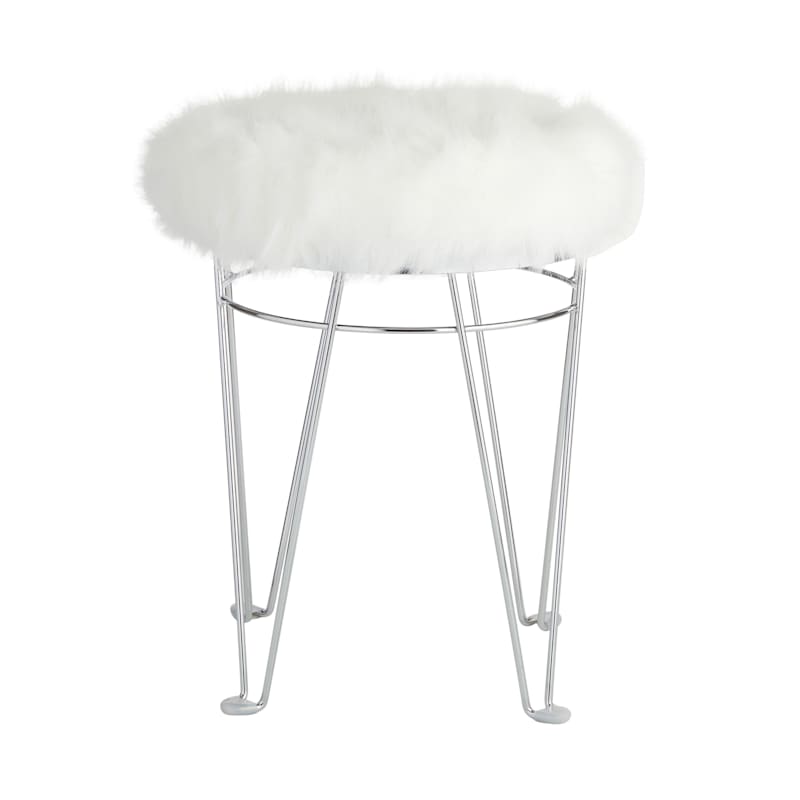 Rion Chrome Wire Vanity Stool & Padded White Faux Fur Seat