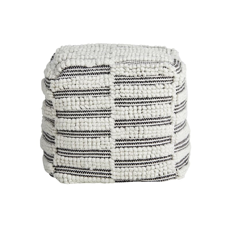 Black & Natural Outdoor & Indoor Fringe Pouf, 17"