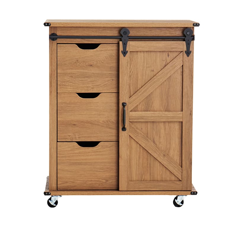 Honeybloom Jacob 3-Drawer Wooden Sliding Barn Door Cabinet, Brown