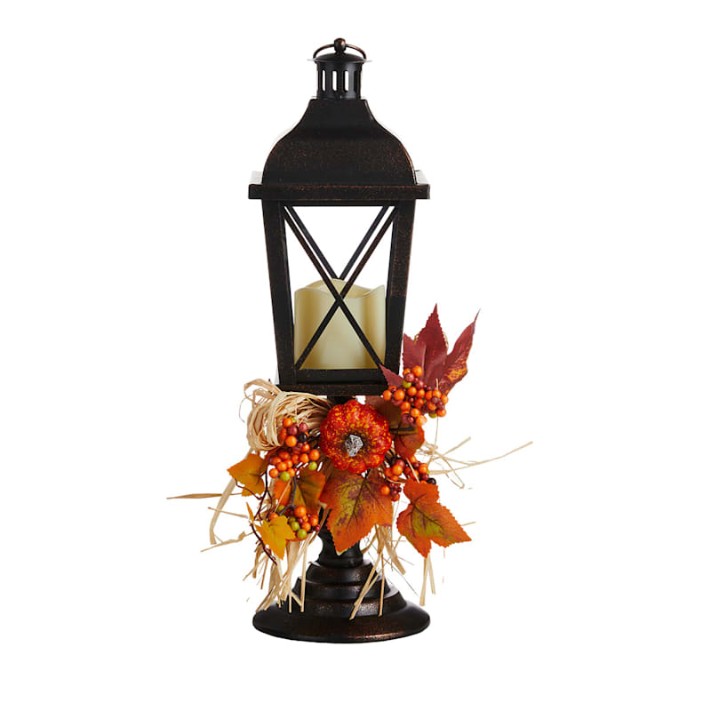 Homespun Harvest Rustic Metal Lantern With Pumpkins, 19"