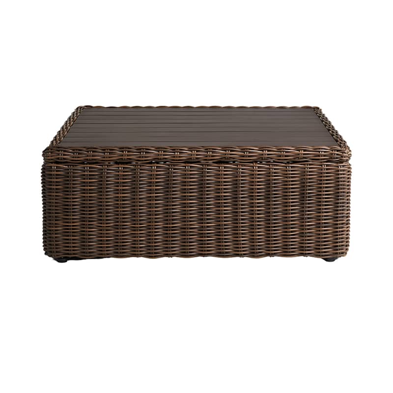 Highland Chunky Brown Wicker with Bronze Metal Top Storage Patio Coffee Table