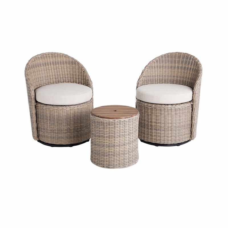 Honeybloom Monterey 3-Piece Pumice Wicker Finish with Light Grey Cushions Swivel Patio Chat Set