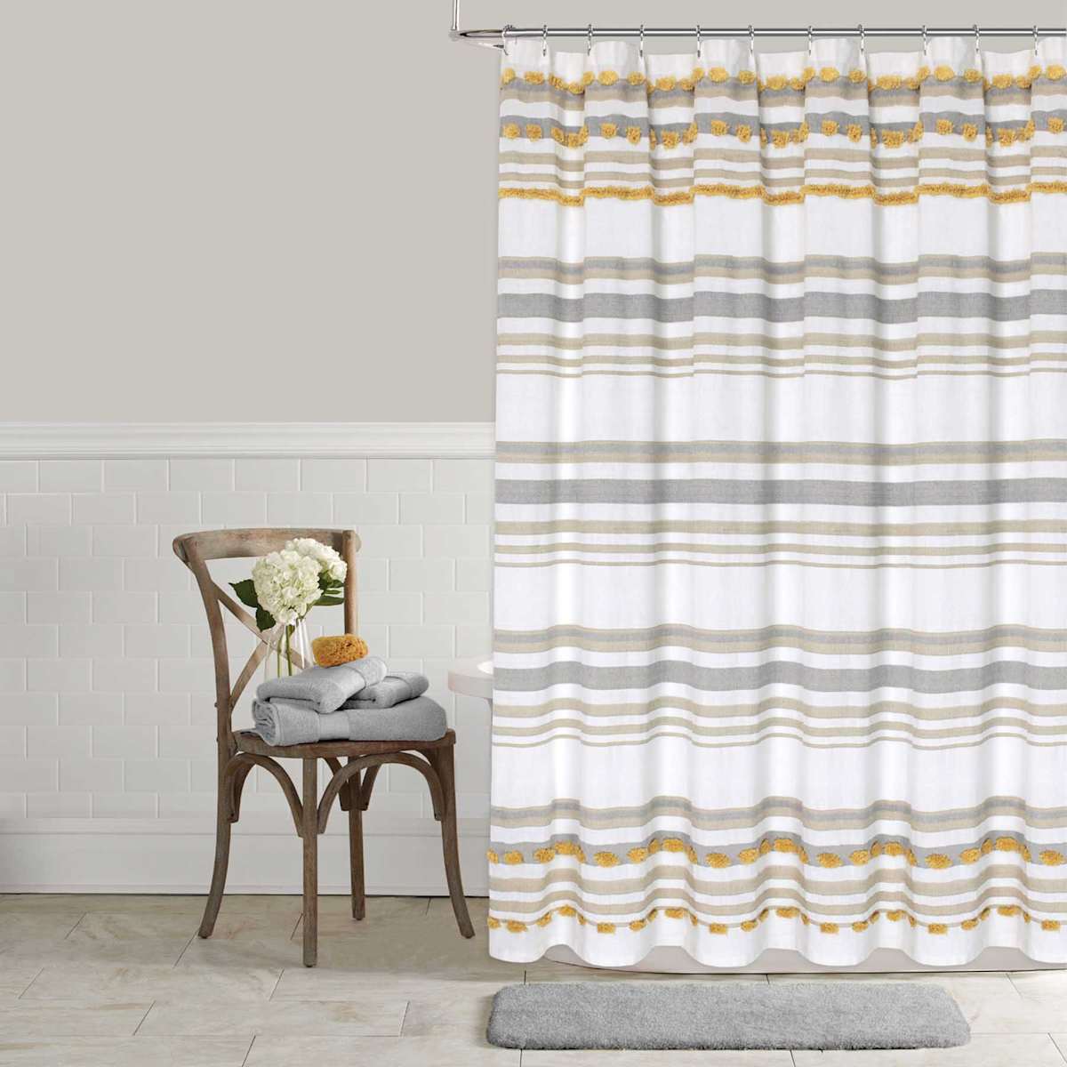 Yellow Grey Tufted Striped Shower Curtain 72