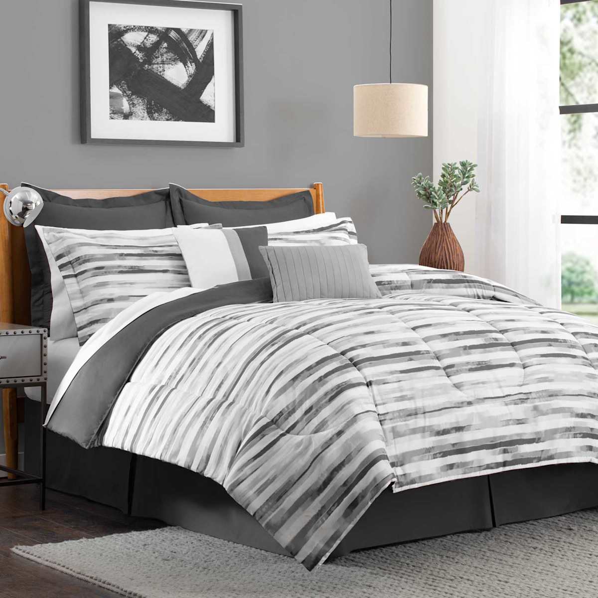 8 Piece Sophie Grey Striped Essential Comforter Set Queen