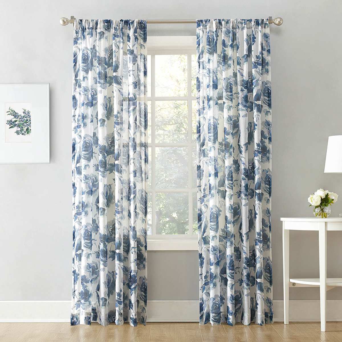 Sheena Indigo Floral Print Rod Pocket Sheer Curtain Panel 84