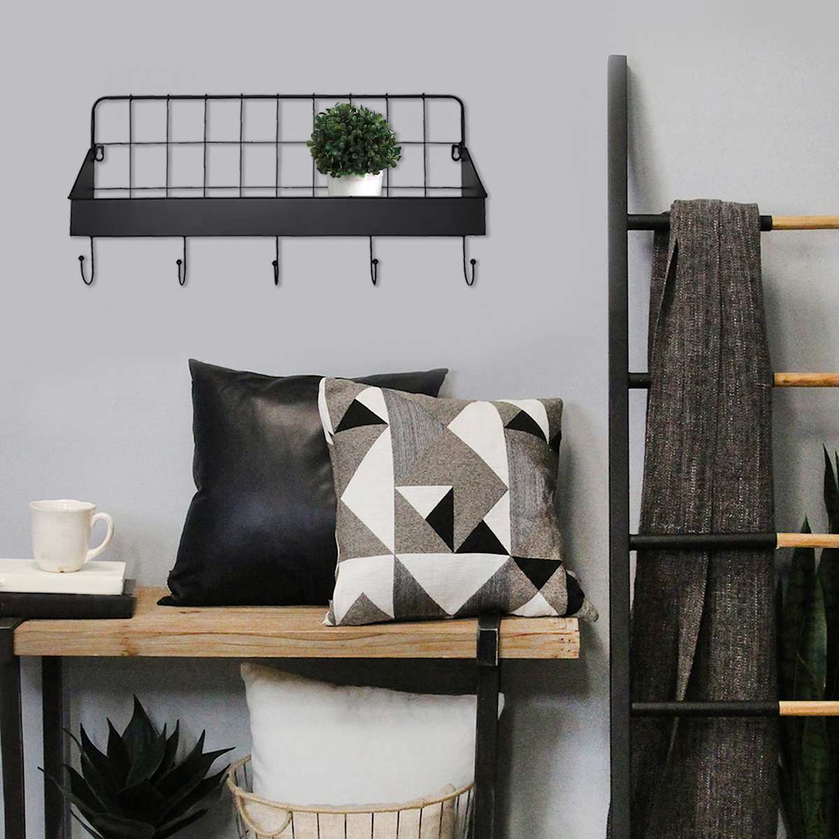 Black Metal Wall Shelf eith Hooks 24X12