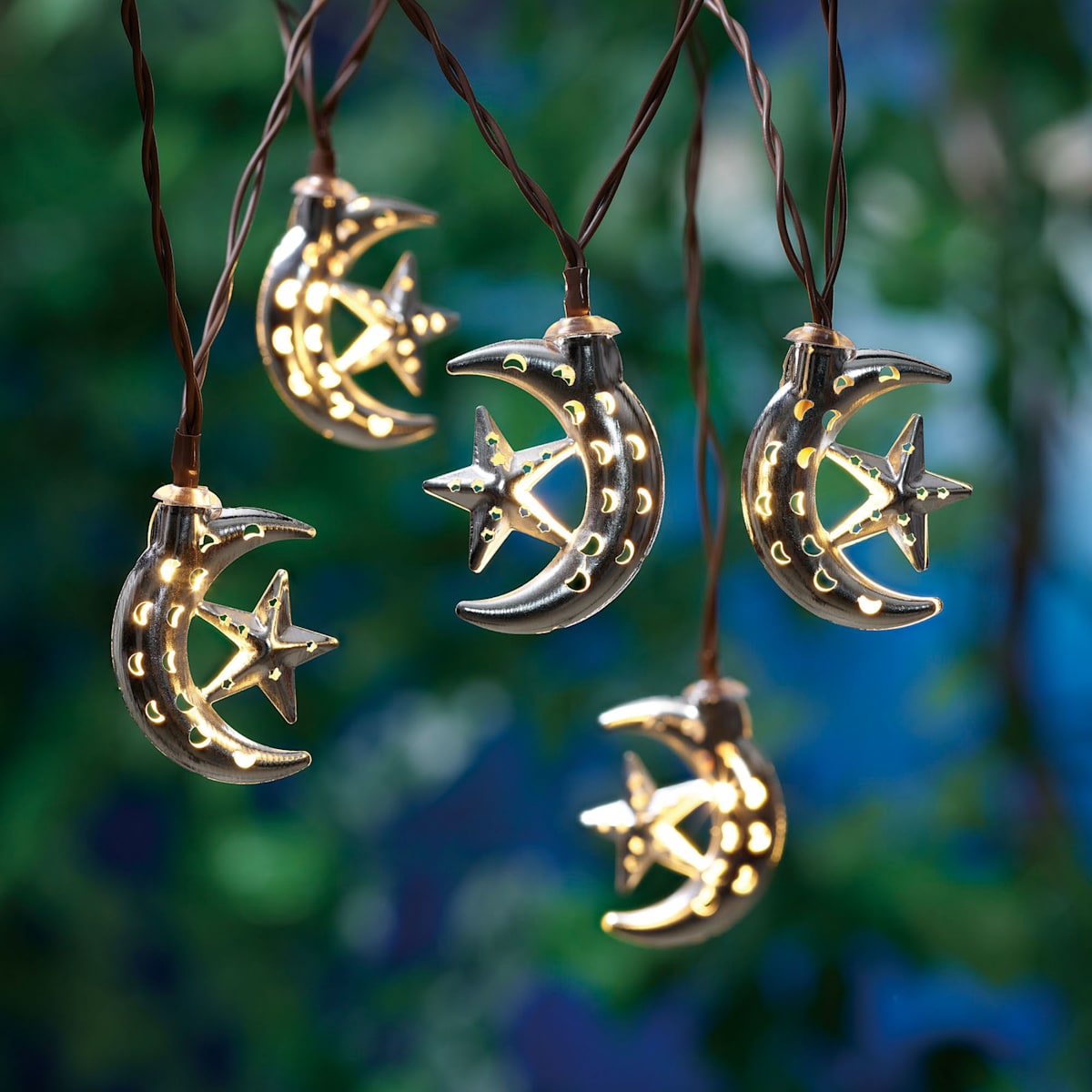 10 Count LED Silver Moon Star String Light Set Battery Operated