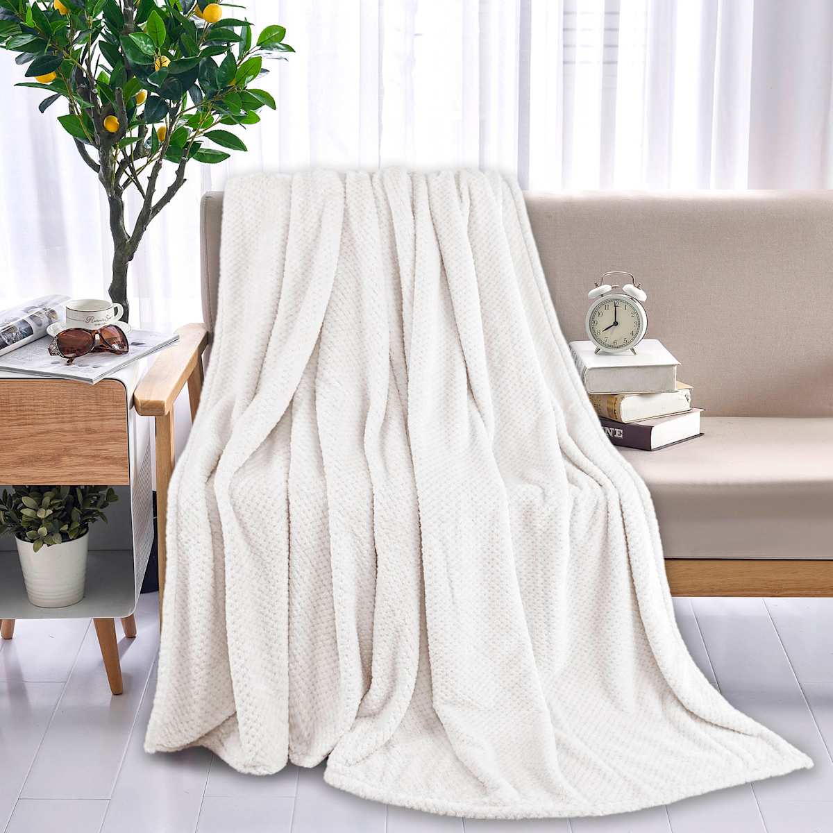 Ivory Plush Waffle Blanket Full Queen