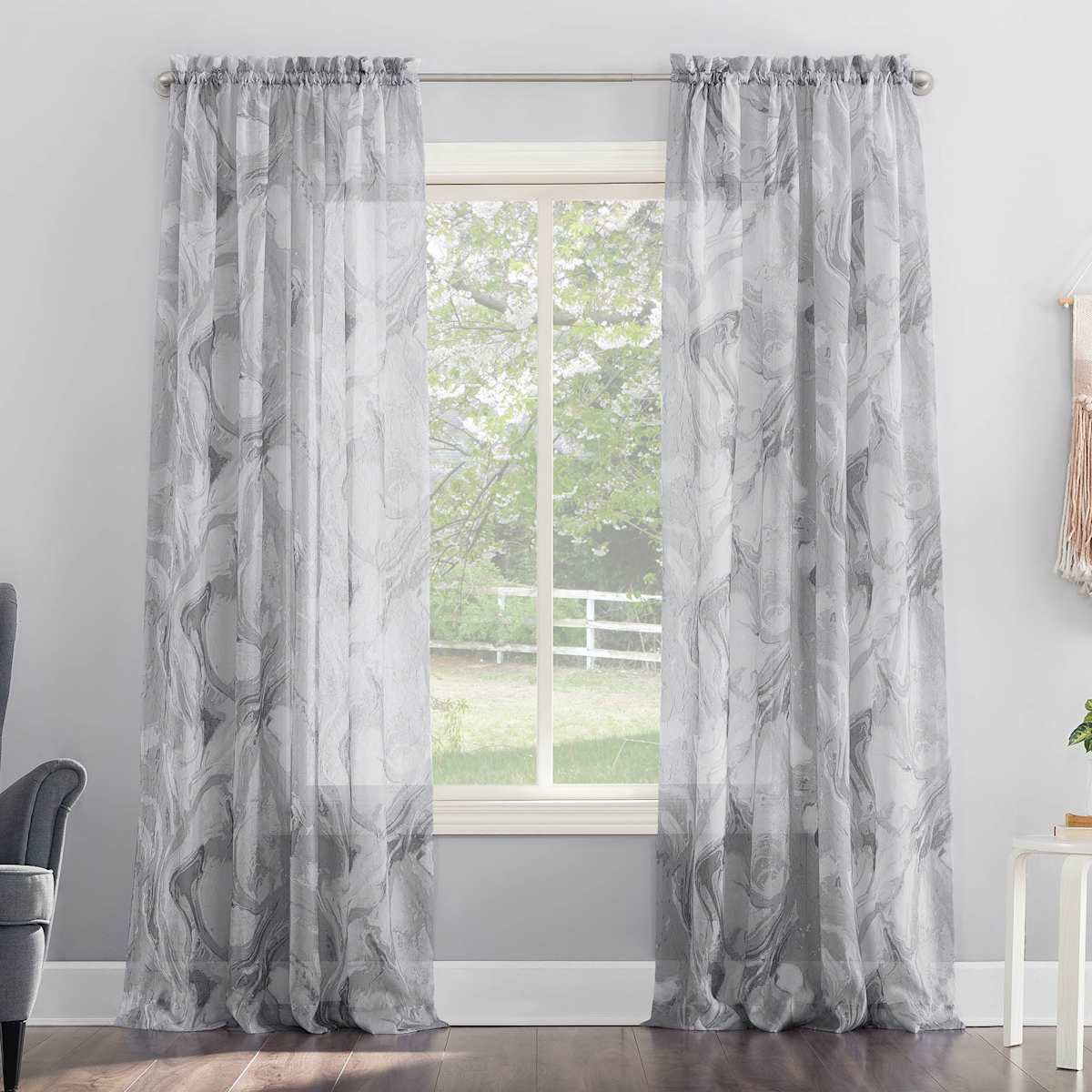 Carrara Grey Marbled Print Rod Pocket Sheer Curtain Panel 84