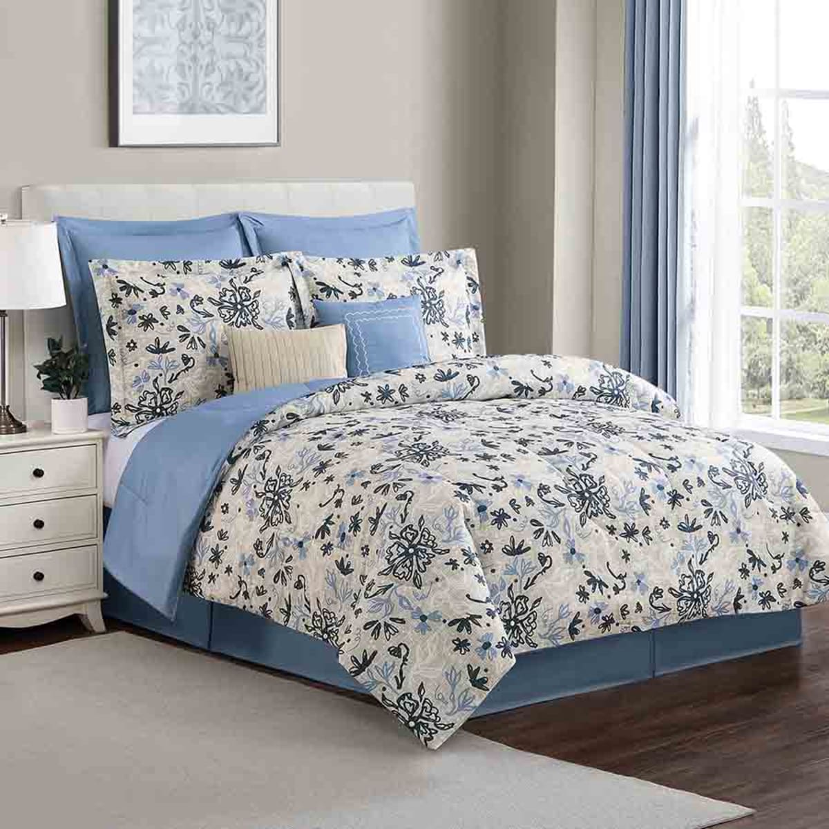 8 Piece Blue White Floral Linen Essential Comforter Set Twin