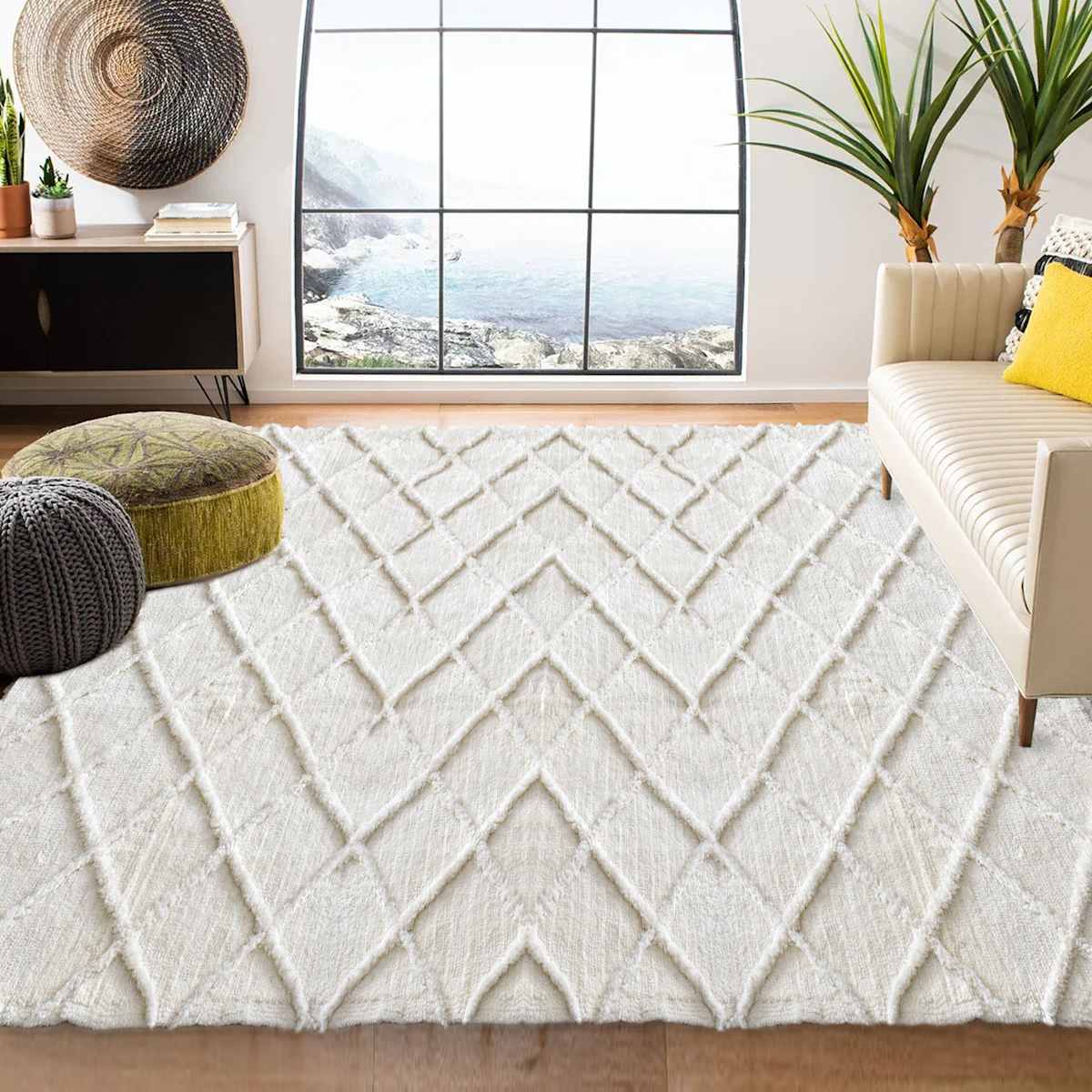 B813 Ivory Diamond Tufted Shag Area Rug 8x10