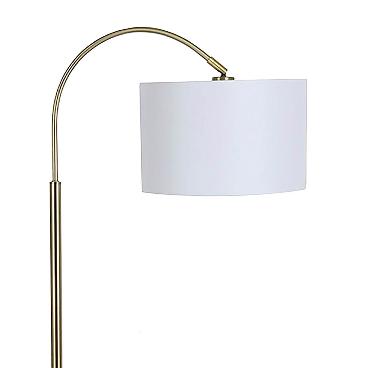 Brass Arc Black Concrete Base Floor Lamp with White Fabric Drum Shade 64