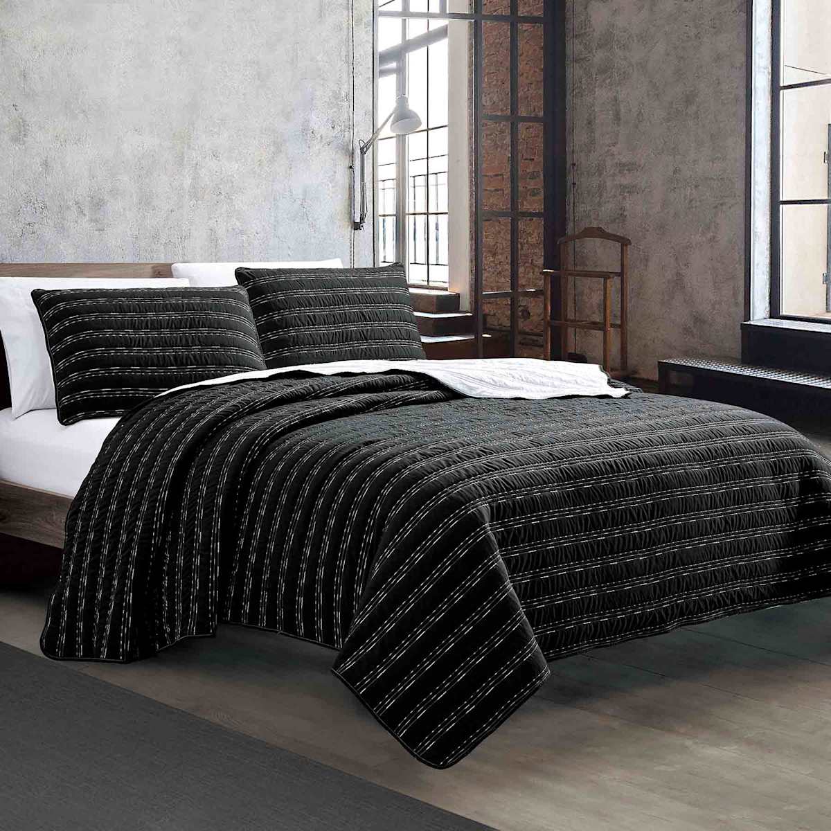 3 Piece Storm Black Cotton Quilt Set Queen