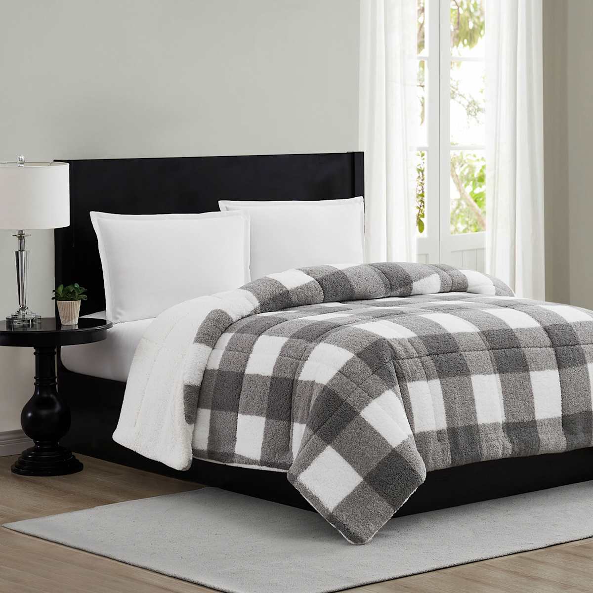 Grey Buffalo Plaid Sherpa Comforter King