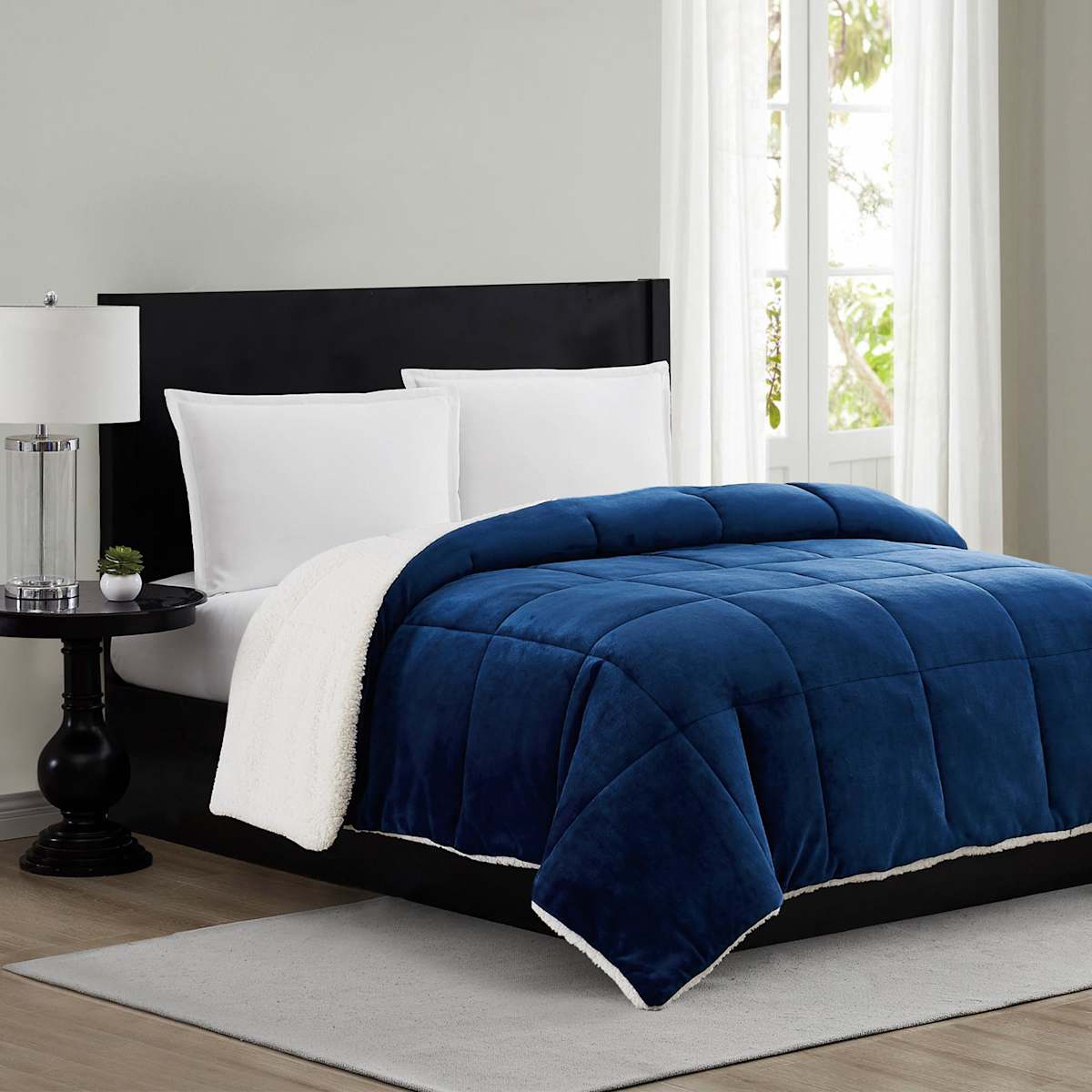 Solid Navy Blue Sherpa Comforter King
