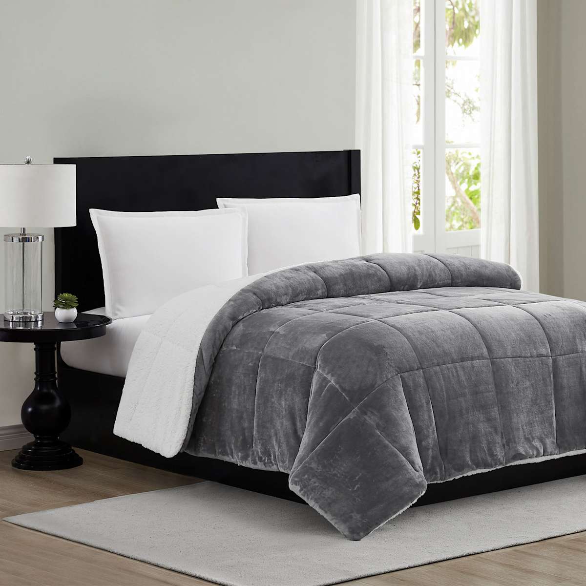 Solid Grey Sherpa Comforter Full Queen