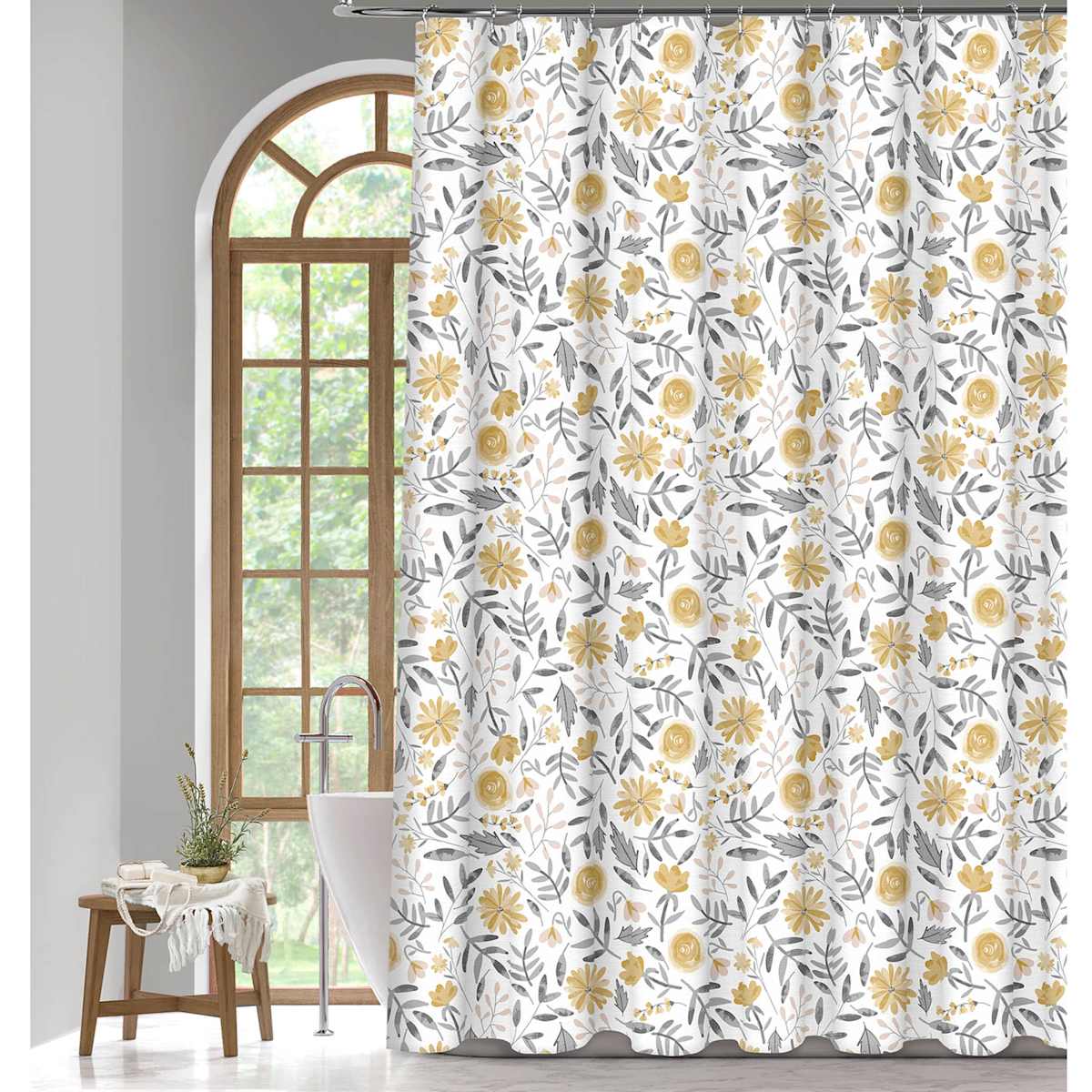 13 Piece Yellow Grey Gertie Print Shower Curtain Set 70x72