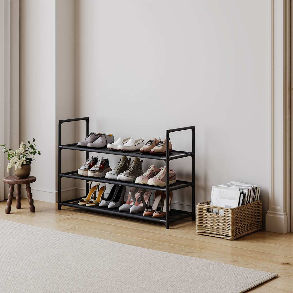 3 Tier Fabric Shoe Rack Black