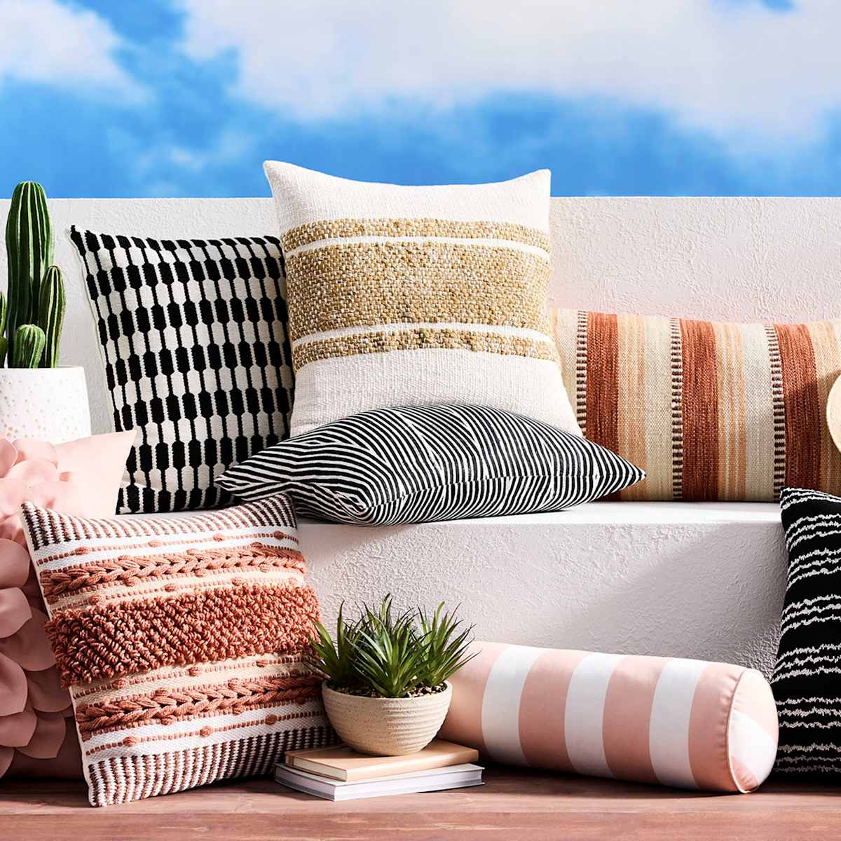 Honeybloom tan white block stripe square outdoor pillow At Home