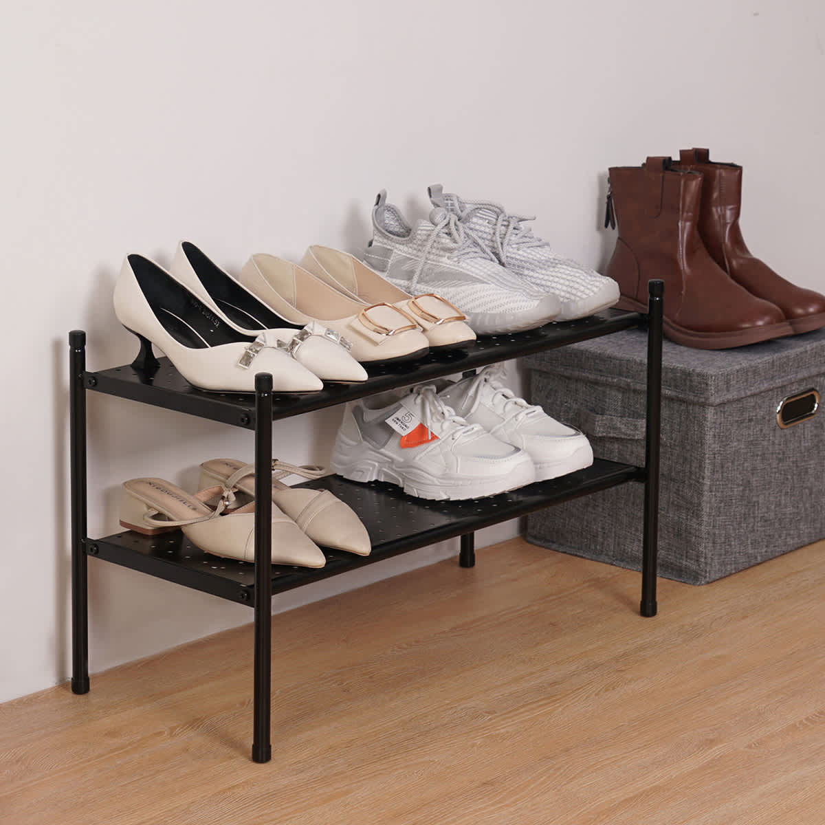 2 Tier Punch Metal Shoe Rack Black At Home