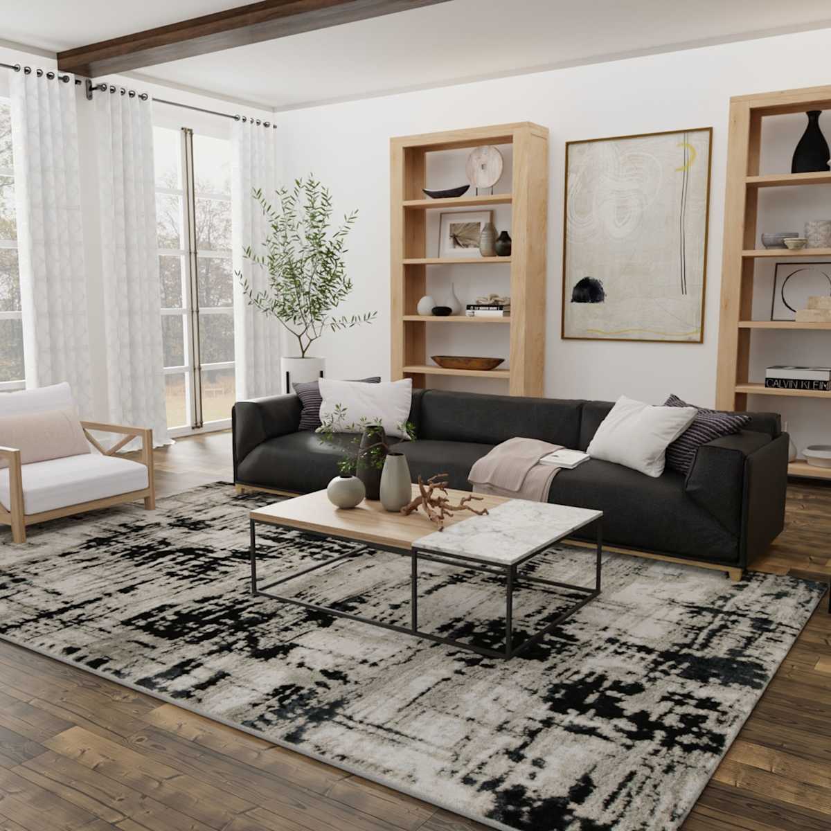 Crosby St. Mackenzie Neutral & Black Abstract Rug | At Home