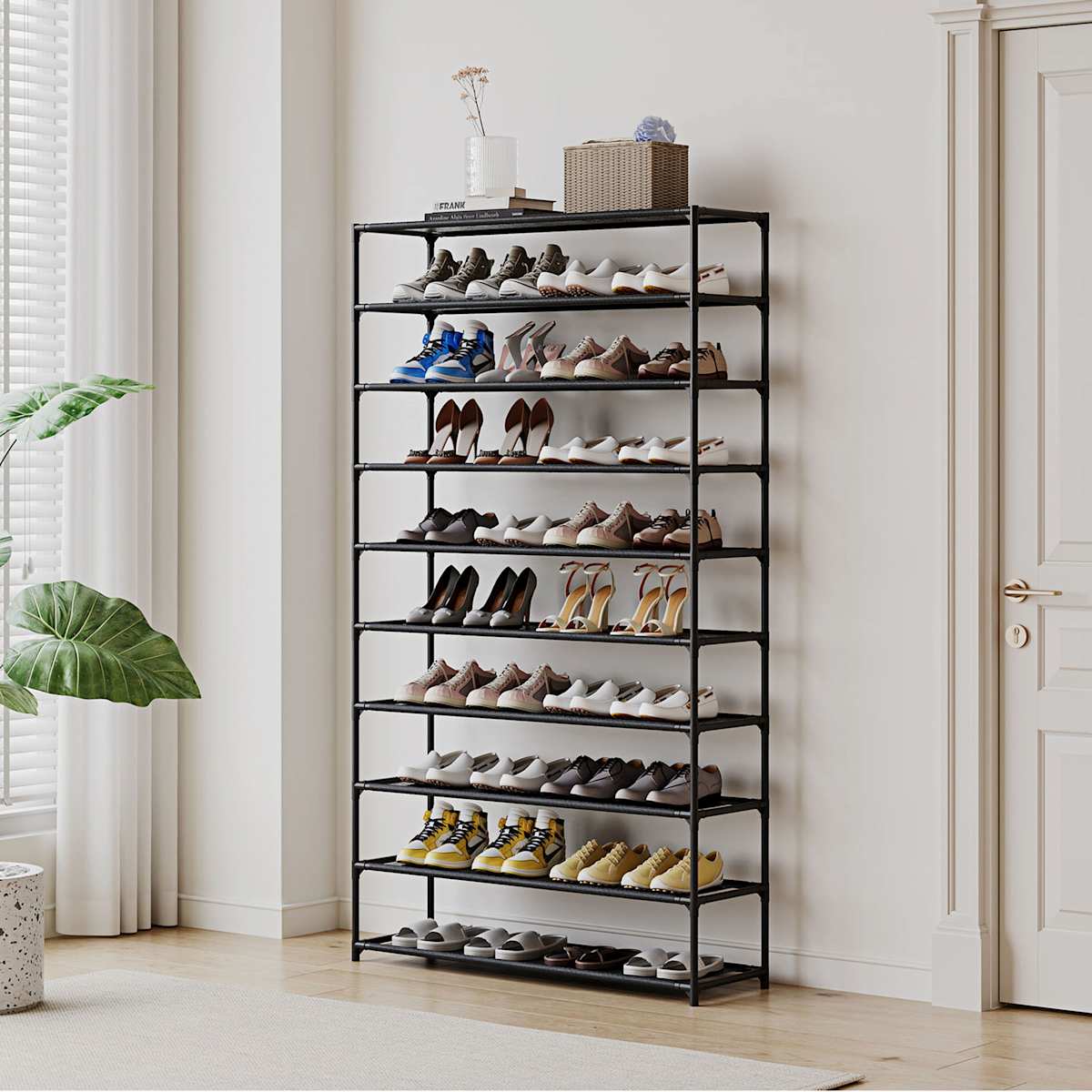 50 Pair Fabric Shelf Standing Shoe Rack Black