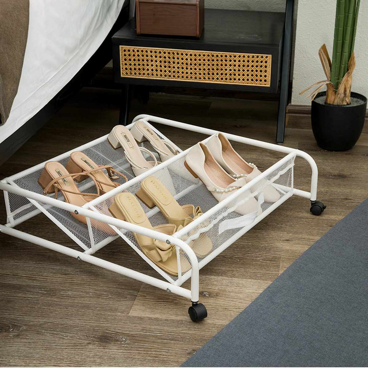 Rolling shoe rack under bed top