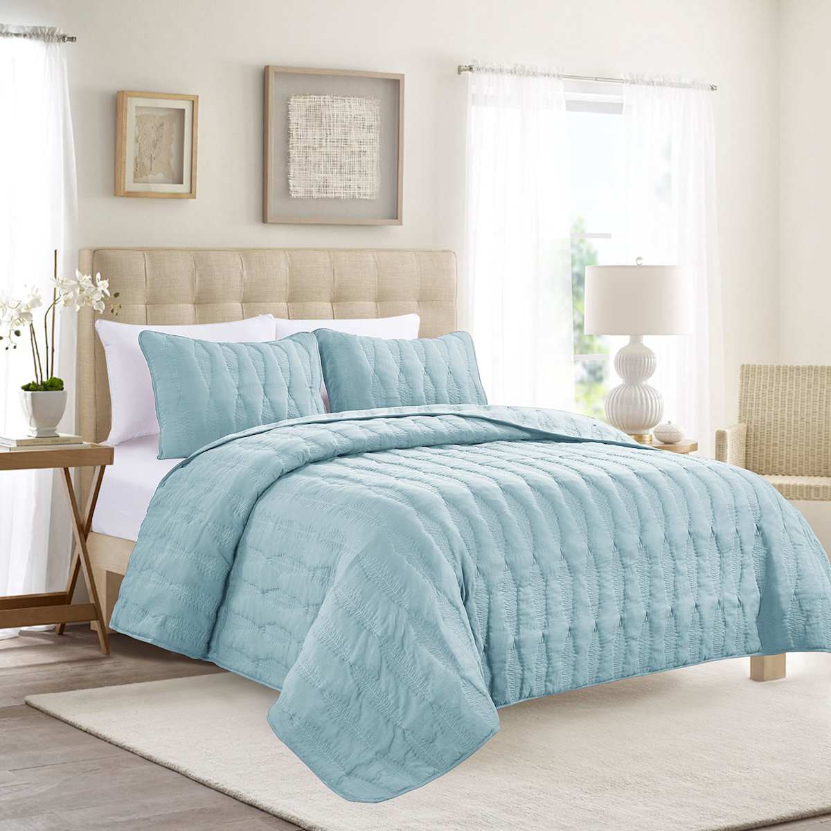 Providence 3 Piece Light Blue Embroidered Washed Microfiber Quilt Set Full Queen