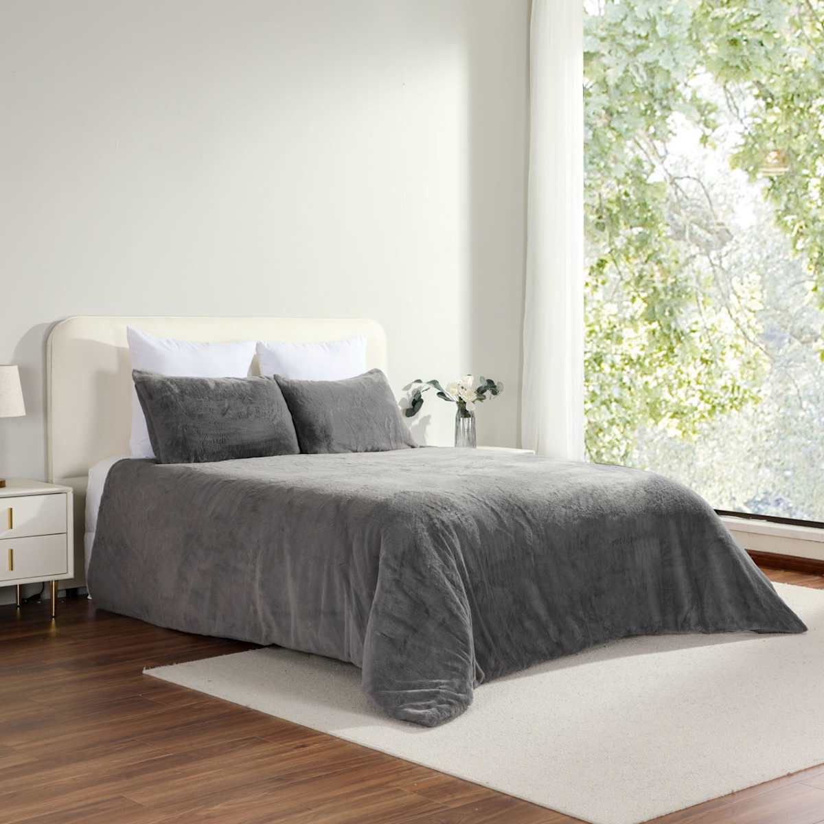 Honeybloom 3 Piece Dark Grey Faux Fur Comforter Set King