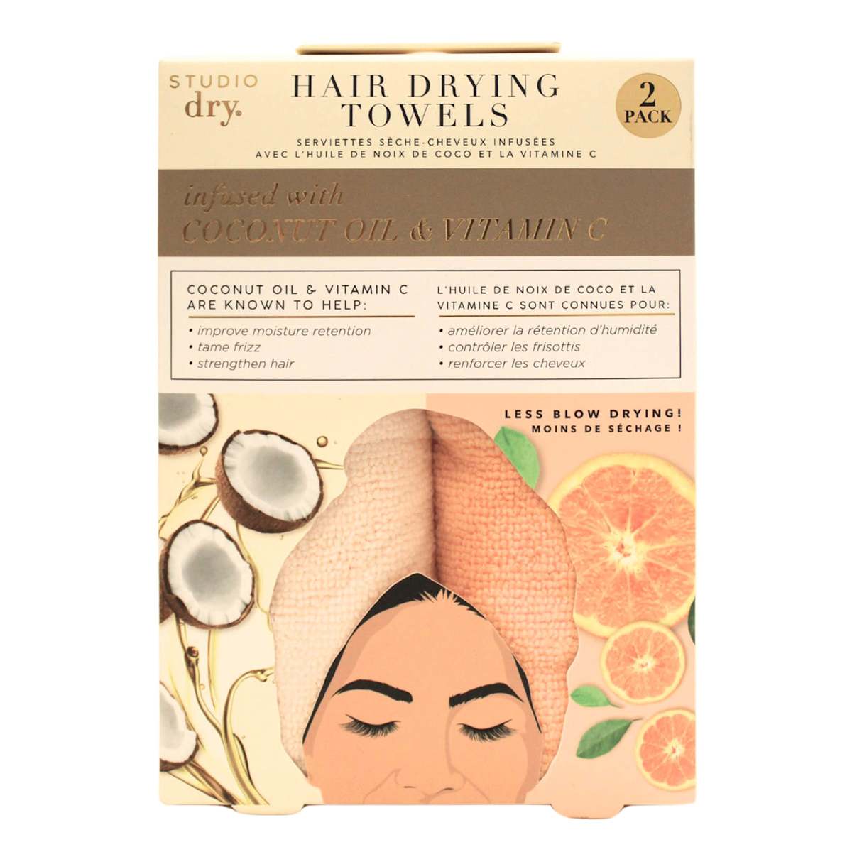 Studio Dry 2Pk Coconut Oil Vit C Infused Hair Turban Towels Beige Orange