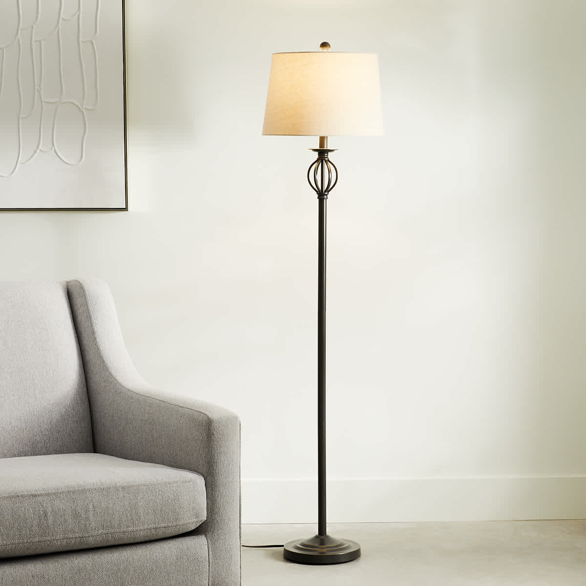 Bronze Finish Spindle Floor Lamp with Oatmeal Fabric Drum Shade 60