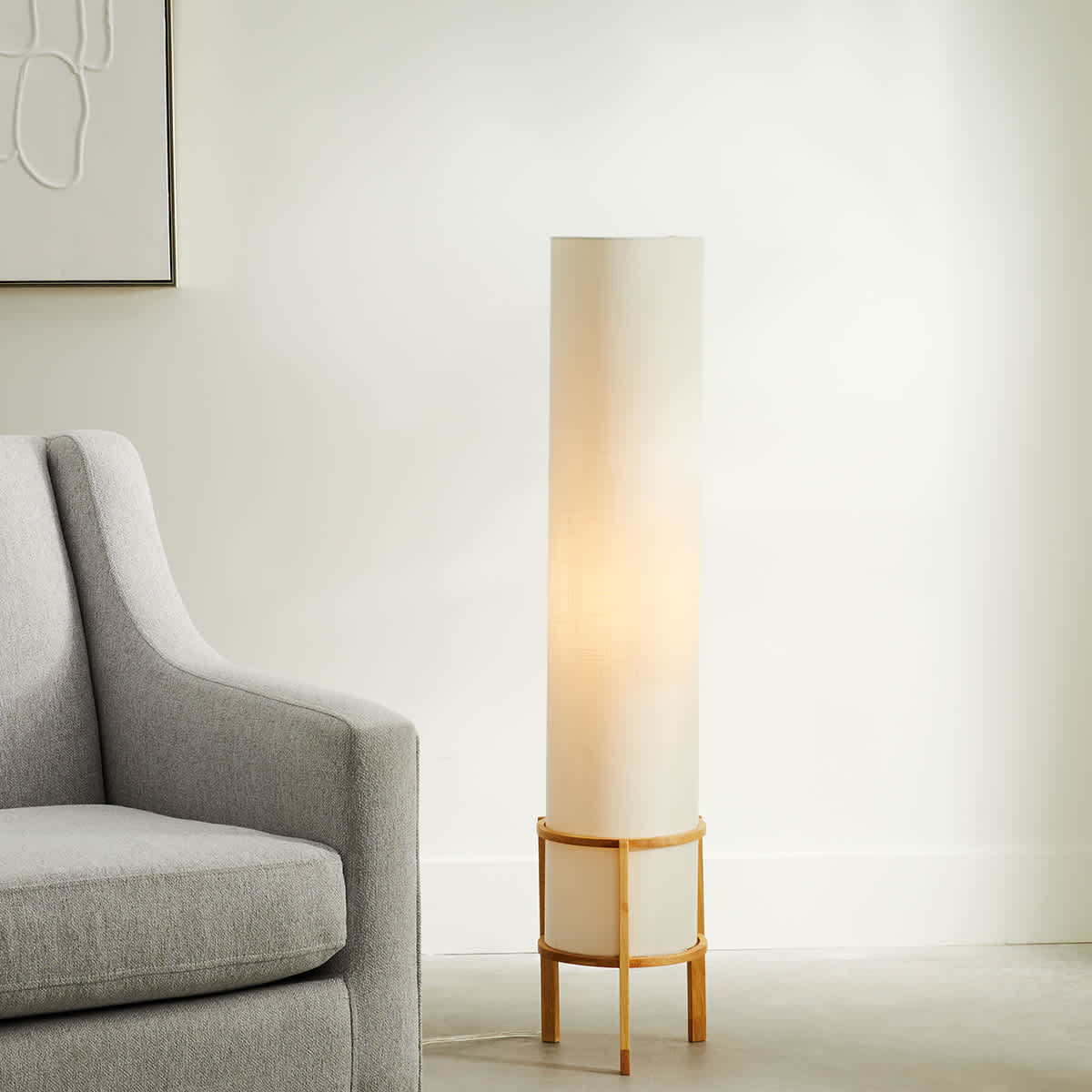 Tracey Boyd White Fabric Uplight Floor Lamp with Natural Wood Base 43
