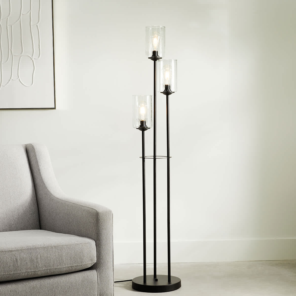 Black 3 Light Metal Glass Floor Lamp with Seeded Glass Shades 59