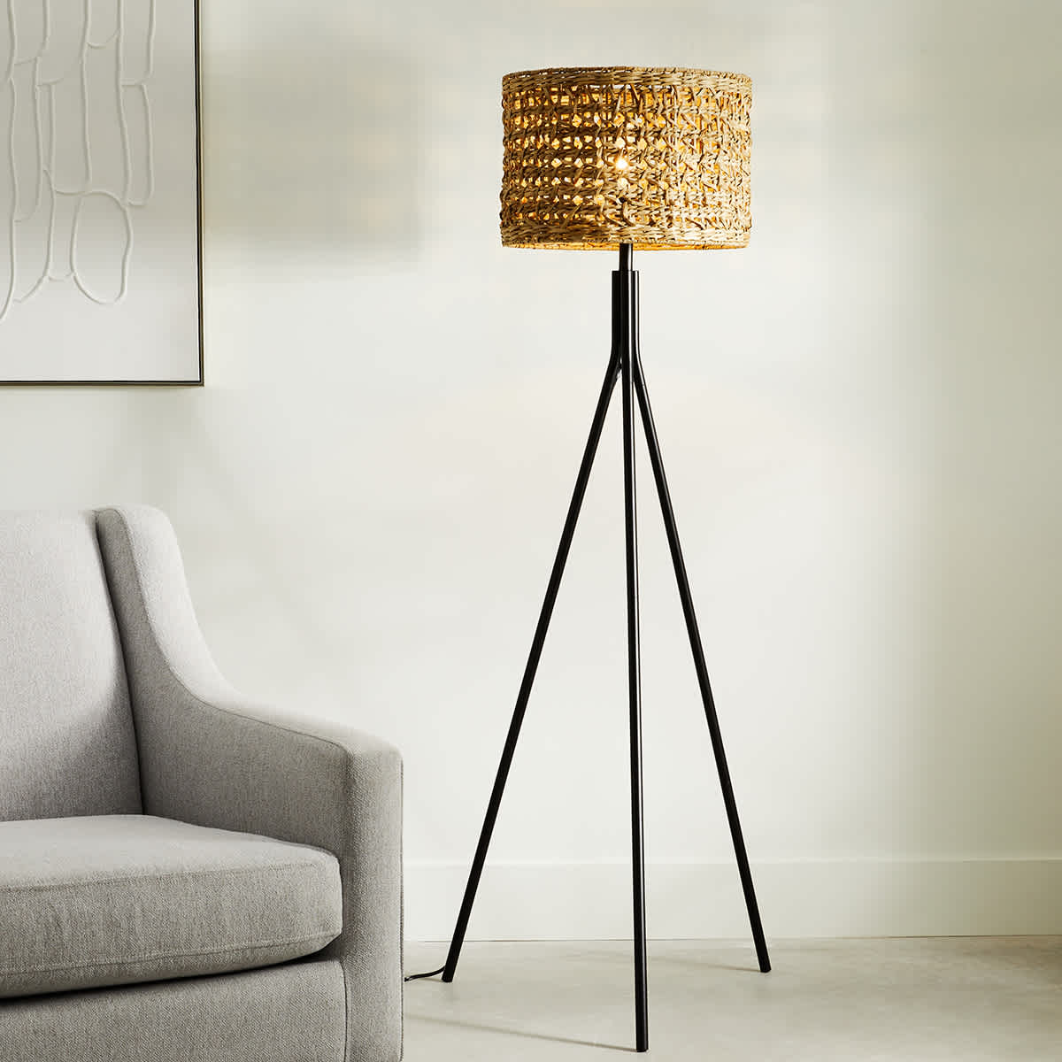 Ty Pennington Black Metal Tripod Floor Lamp with Seagrass Shade 60